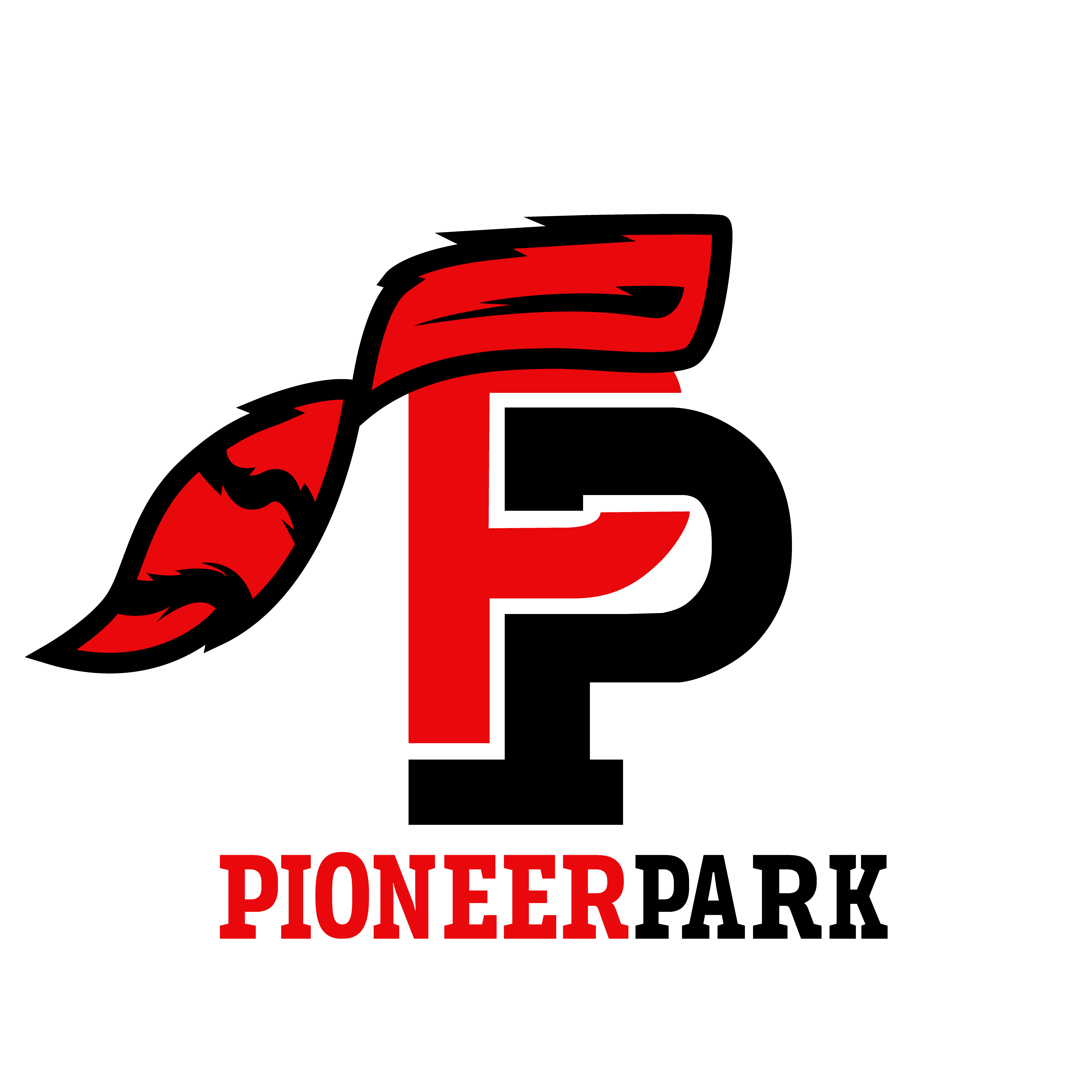 Pioneer Park Elementary School logo, two capitol letter "P" wearing a pioneer mans hat, colors are red and black